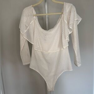 BCBG White Lace Off-Shoulder Bodysuit size L